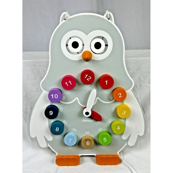 JANOD Owly Teaching/Learning Clock Time Toy w Chalkboard + Removable Number Pegs - Picture 1 of 10